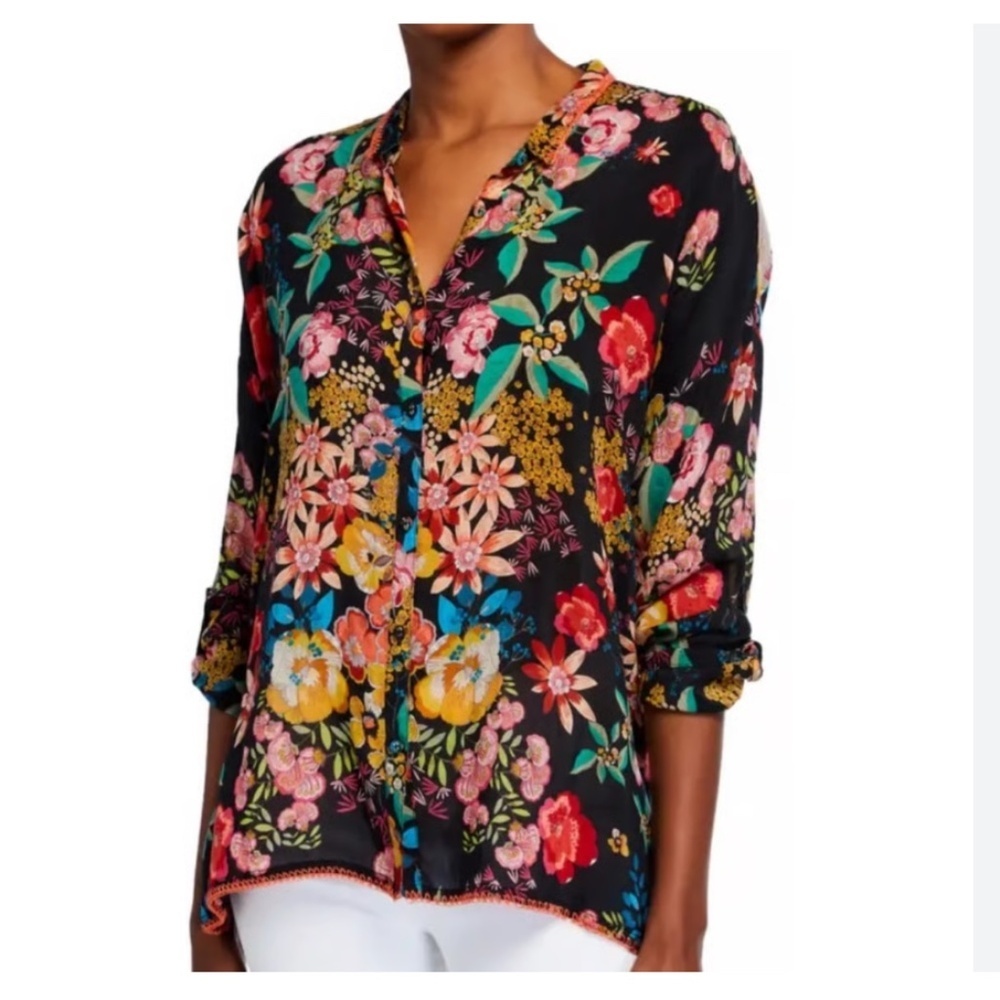 Johnny Was Poppy Floral Button Blouse Long Sleeve Whip Stitch Detail Size Small